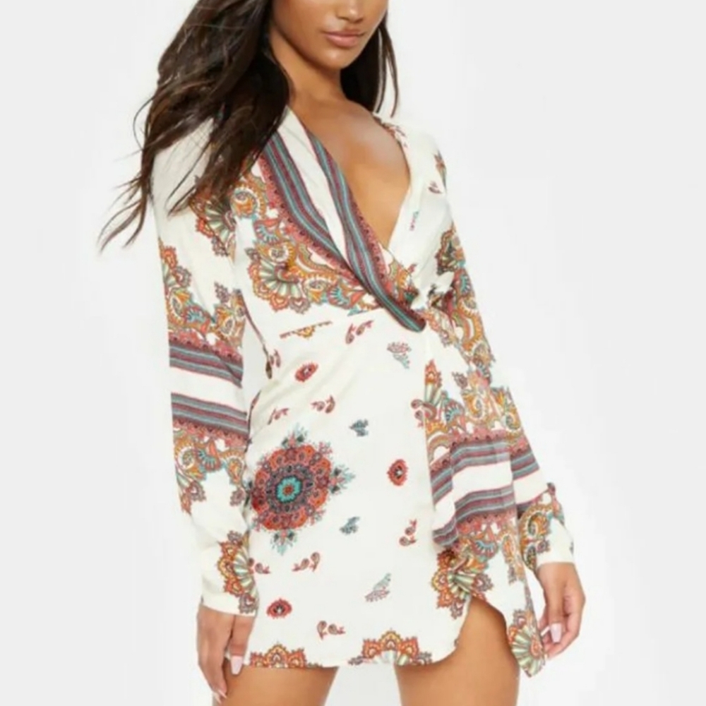 White Printed Silky Long Sleeve Wrap Dress